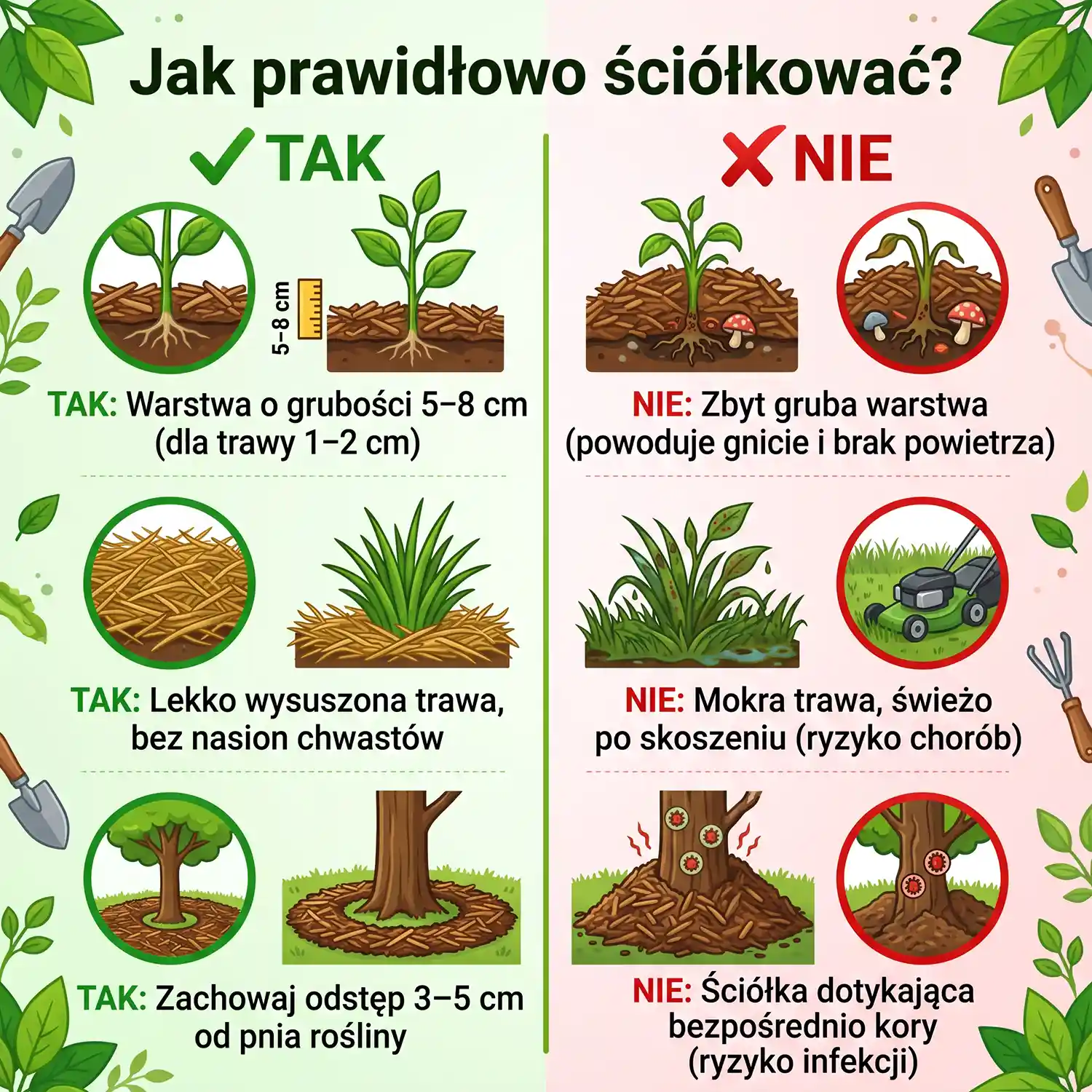 Ściółka z kory wokół krzewów ogranicza chwasty i parowanie